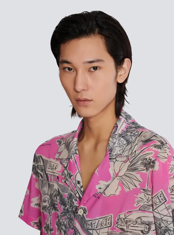 Balmain Shirts And Polos Men Shortsleeved Silk Pyjama Shirt With Miami Print Pink