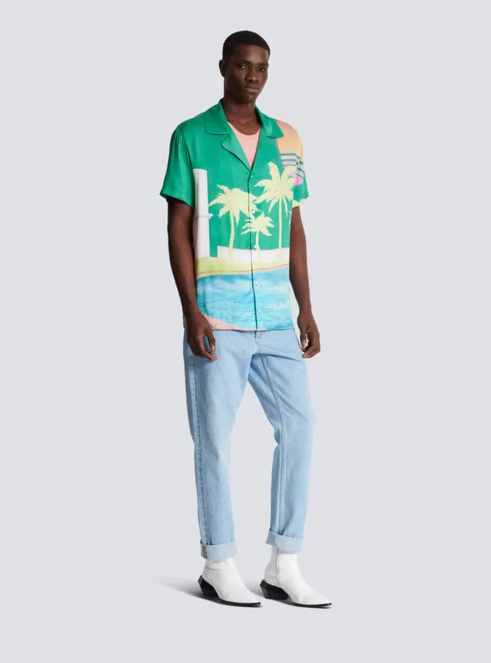 Balmain Shirts And Polos Men Shortsleeved Twill Shirt With Palm Tree Print Multicolor