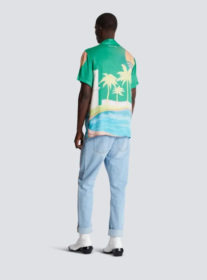Balmain Shirts And Polos Men Shortsleeved Twill Shirt With Palm Tree Print Multicolor