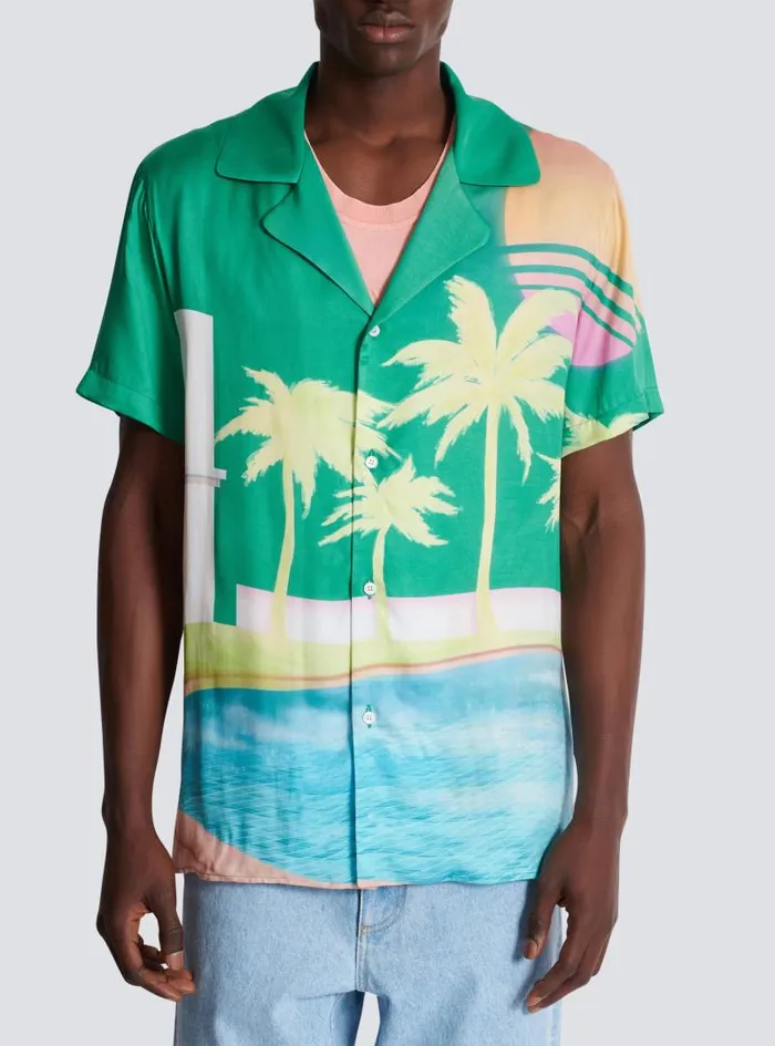 Balmain Shirts And Polos Men Shortsleeved Twill Shirt With Palm Tree Print Multicolor