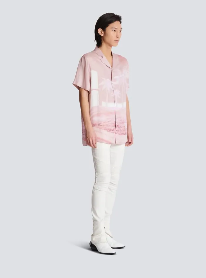 Balmain Shirts And Polos Men Shortsleeved Twill Shirt With Postcard Print Pink