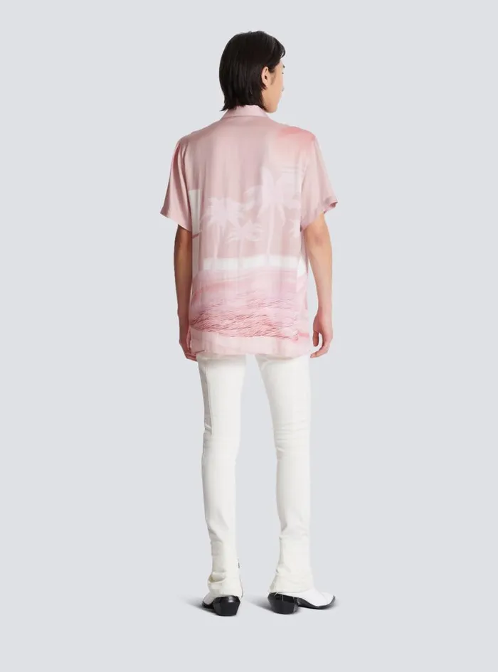 Balmain Shirts And Polos Men Shortsleeved Twill Shirt With Postcard Print Pink