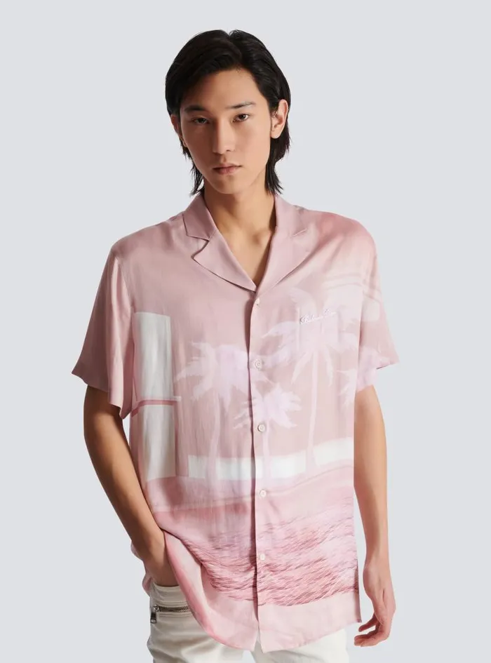 Balmain Shirts And Polos Men Shortsleeved Twill Shirt With Postcard Print Pink
