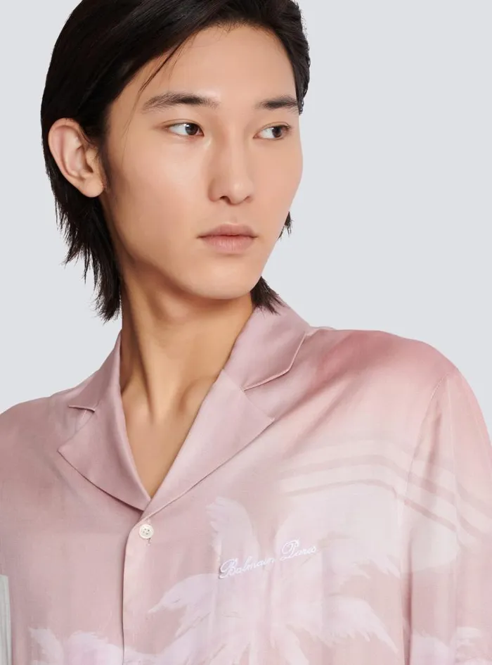Balmain Shirts And Polos Men Shortsleeved Twill Shirt With Postcard Print Pink
