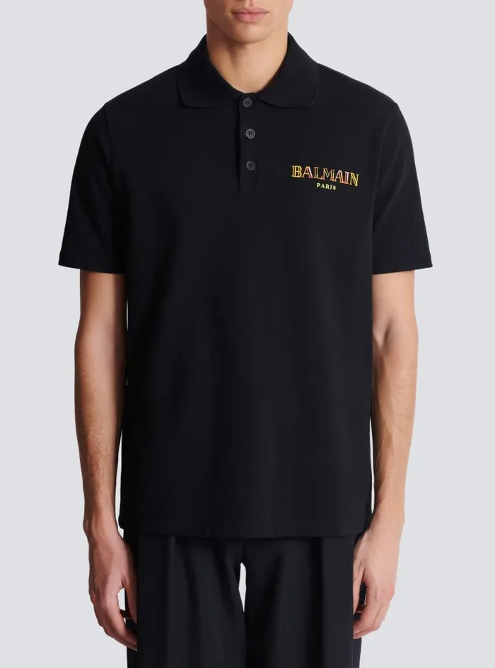 Balmain Shirts And Polos Men Vintage Embroidered Cotton Polo Shirt Black