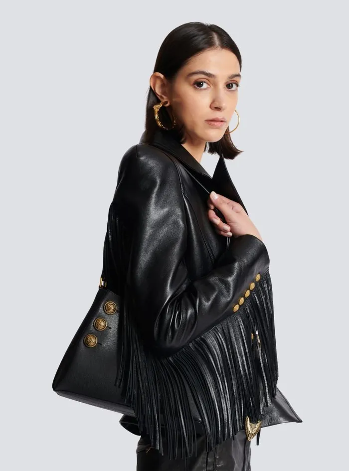 Balmain Shoulder Bags Women Emblme Handbag In Grained Leather Black