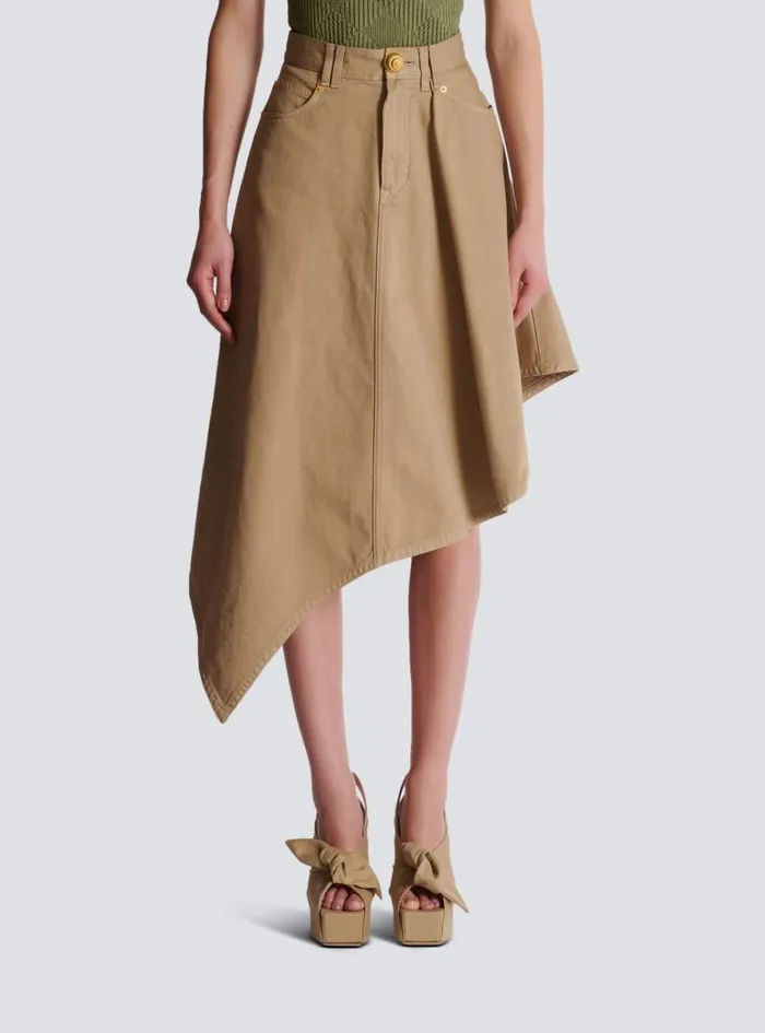 Balmain Skirts Women Asymmetrical Pleated Skirt In Cotton Canvas Beige