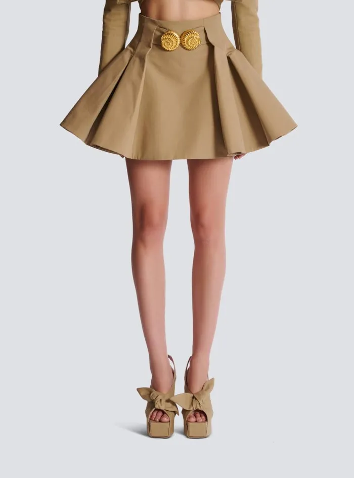 Balmain Skirts Women Flared Pleated Grain De Poudre Skirt Beige