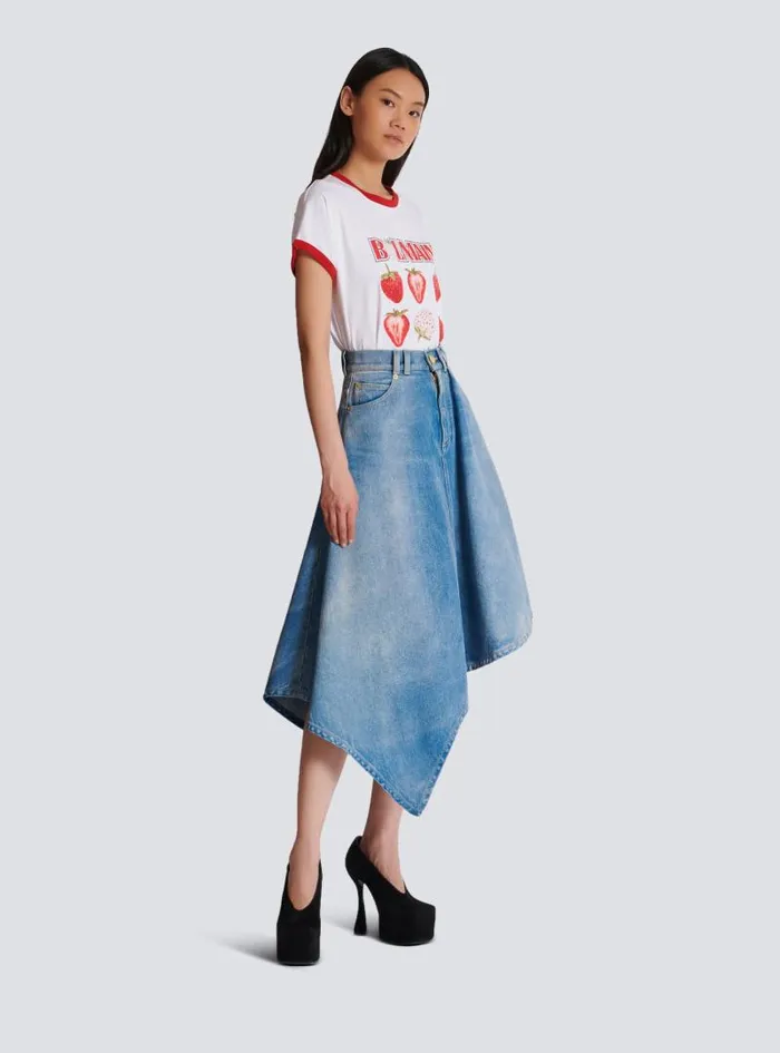 Balmain Skirts Women Pleated Asymmetric Denim Skirt Blue