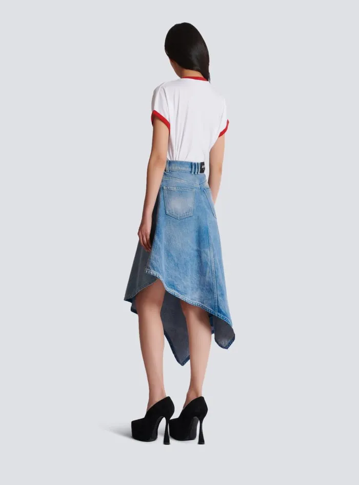 Balmain Skirts Women Pleated Asymmetric Denim Skirt Blue