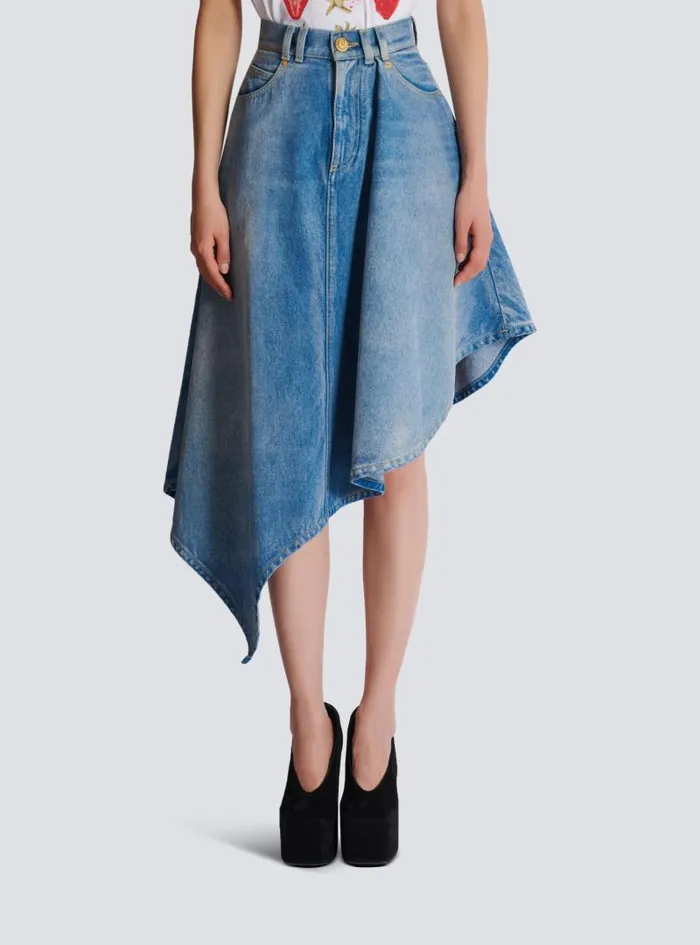 Balmain Skirts Women Pleated Asymmetric Denim Skirt Blue