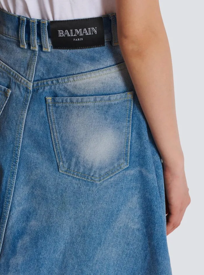 Balmain Skirts Women Pleated Asymmetric Denim Skirt Blue