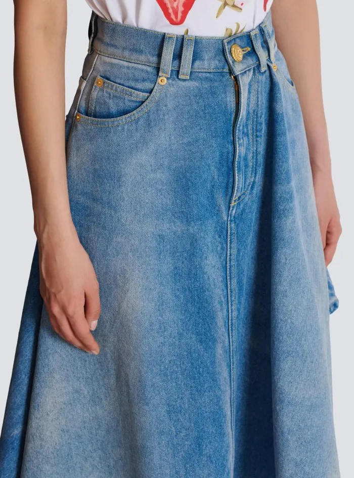 Balmain Skirts Women Pleated Asymmetric Denim Skirt Blue