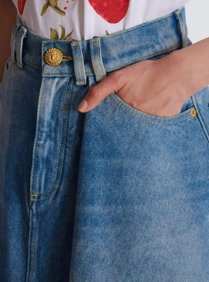 Balmain Skirts Women Pleated Asymmetric Denim Skirt Blue