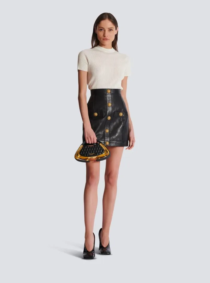 Balmain Skirts Women Topstitched Leather Skirt With Buttons Black