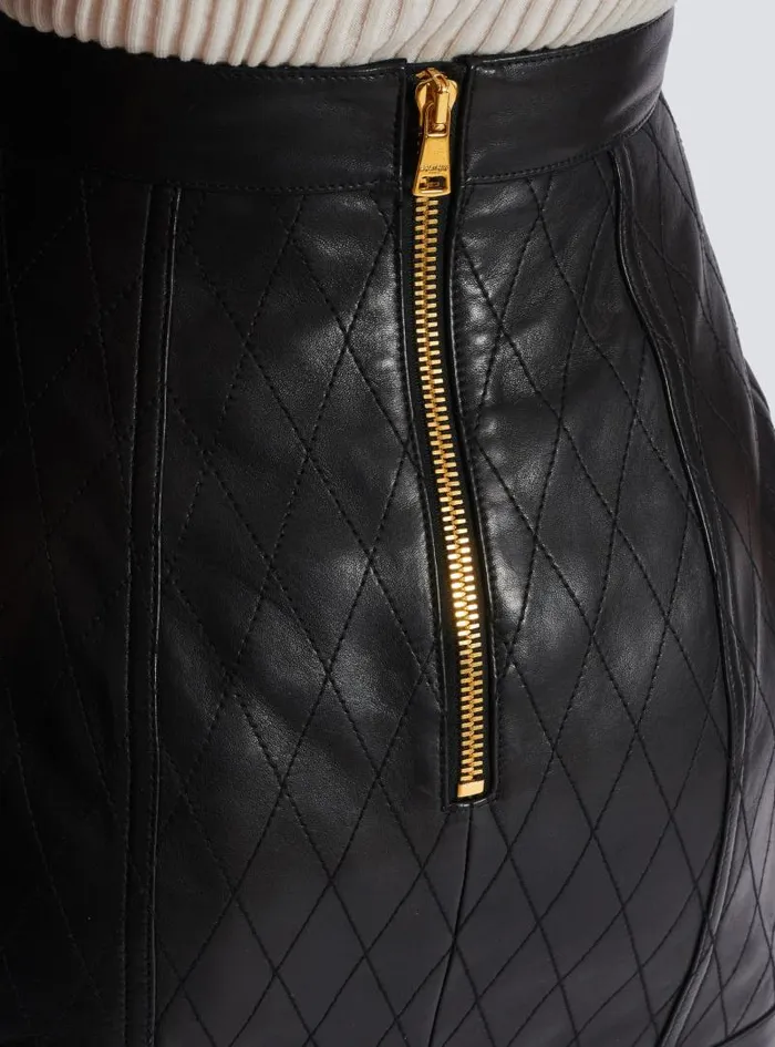 Balmain Skirts Women Topstitched Leather Skirt With Buttons Black