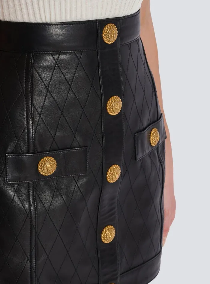 Balmain Skirts Women Topstitched Leather Skirt With Buttons Black