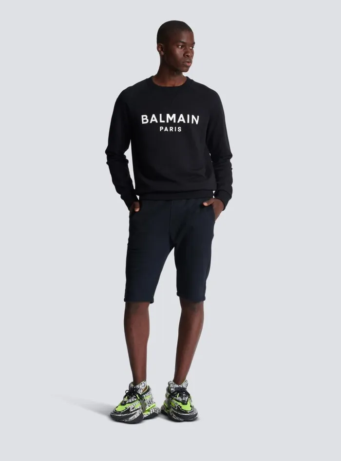 Balmain Sportswear Men Cotton Shorts With Flocked Paris Logo Black