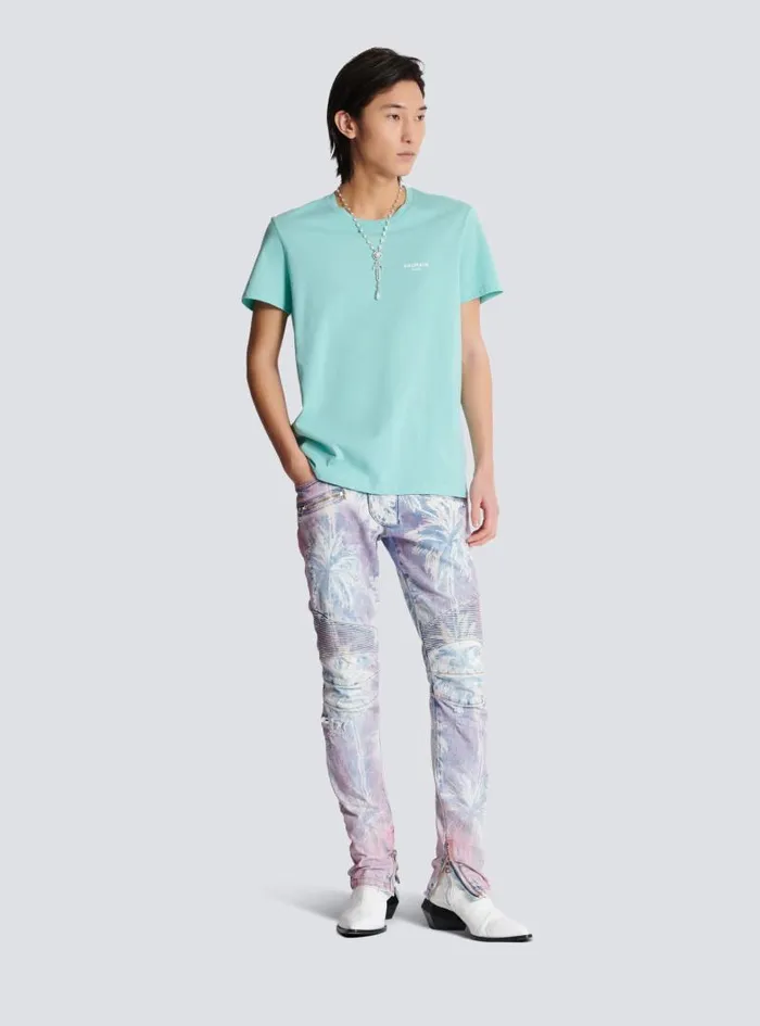 Balmain Sportswear Men Paris Flocked Shortsleeved Tshirt Blue