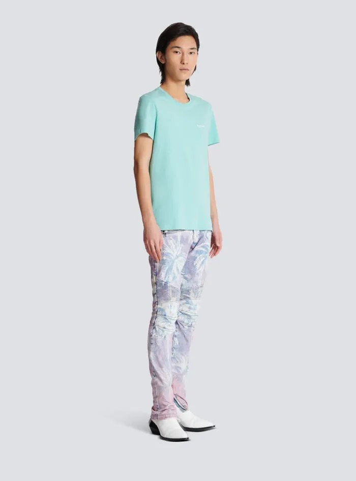 Balmain Sportswear Men Paris Flocked Shortsleeved Tshirt Blue
