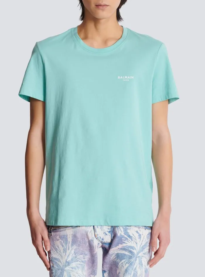 Balmain Sportswear Men Paris Flocked Shortsleeved Tshirt Blue