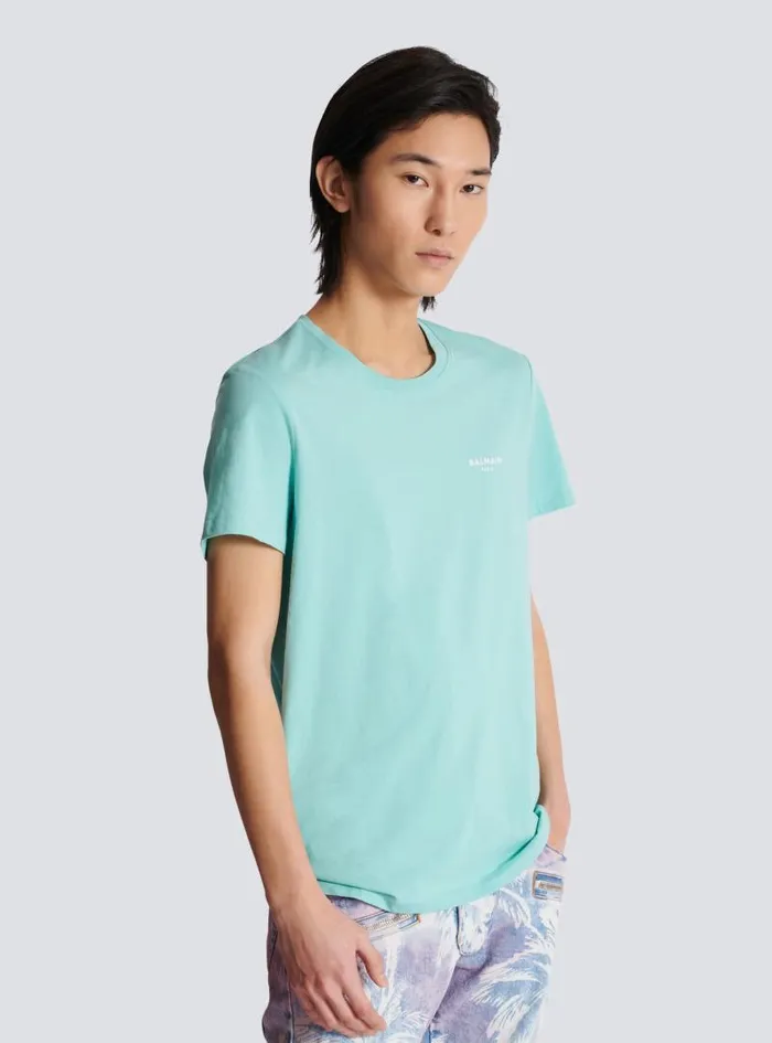 Balmain Sportswear Men Paris Flocked Shortsleeved Tshirt Blue