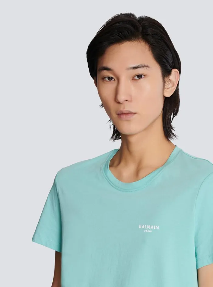 Balmain Sportswear Men Paris Flocked Shortsleeved Tshirt Blue