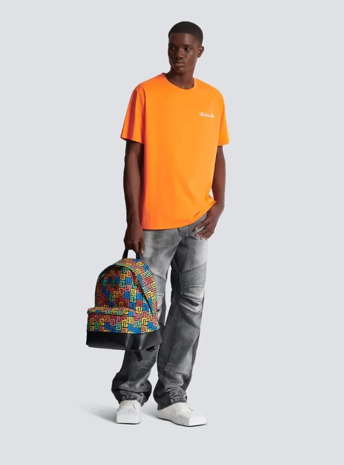 Balmain Sportswear Men Relaxed Tshirt With Signature Embroidery Orange