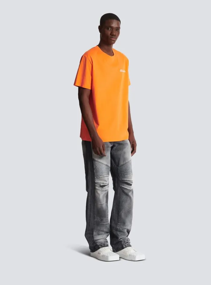 Balmain Sportswear Men Relaxed Tshirt With Signature Embroidery Orange