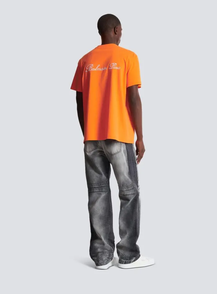 Balmain Sportswear Men Relaxed Tshirt With Signature Embroidery Orange