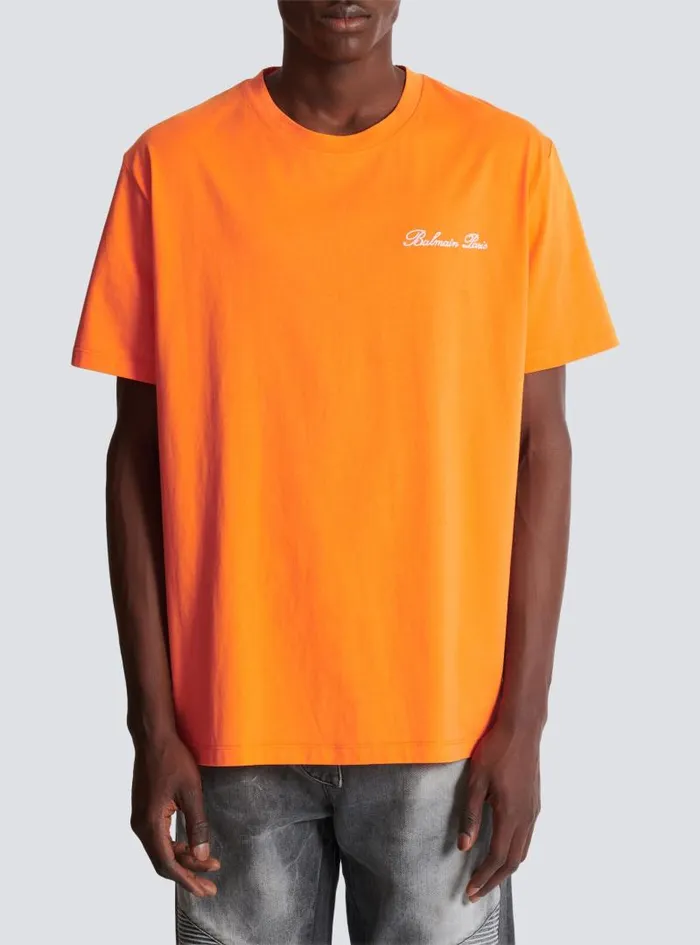 Balmain Sportswear Men Relaxed Tshirt With Signature Embroidery Orange