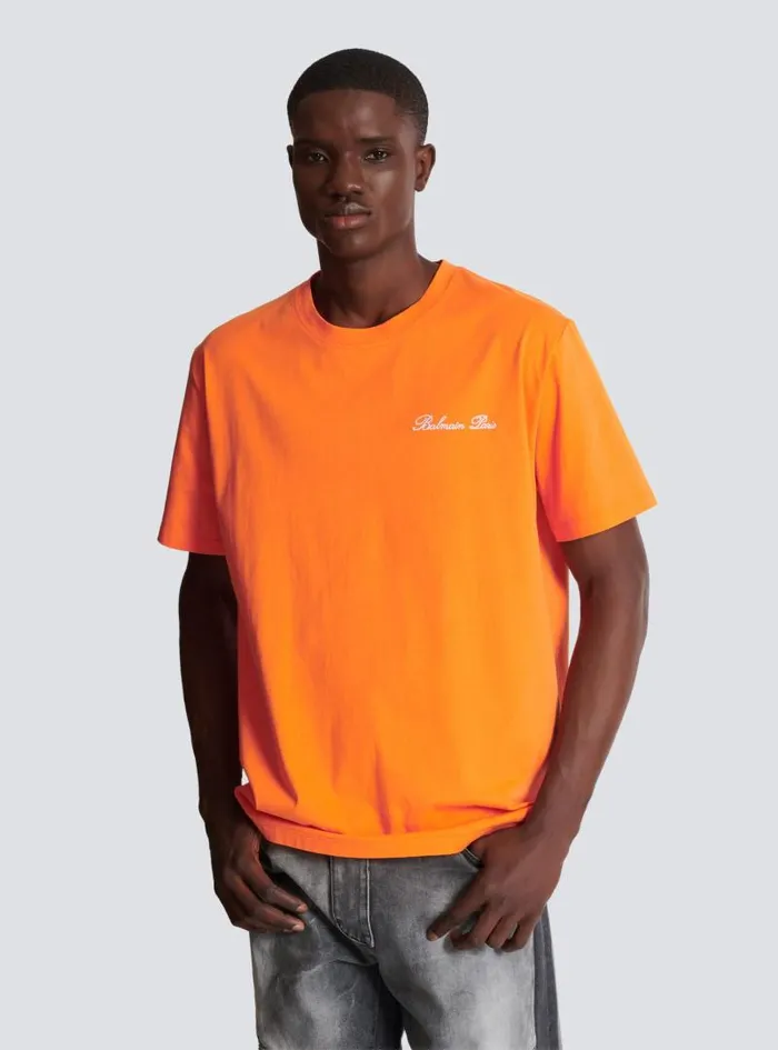 Balmain Sportswear Men Relaxed Tshirt With Signature Embroidery Orange