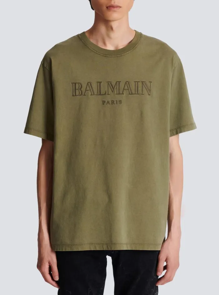 Balmain Sportswear Men Vintage Embroidered Tshirt Khaki