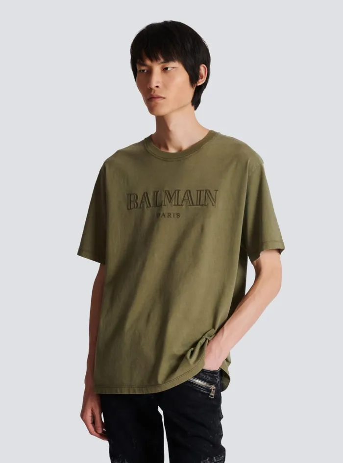 Balmain Sportswear Men Vintage Embroidered Tshirt Khaki