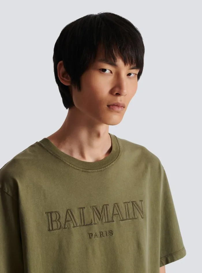 Balmain Sportswear Men Vintage Embroidered Tshirt Khaki