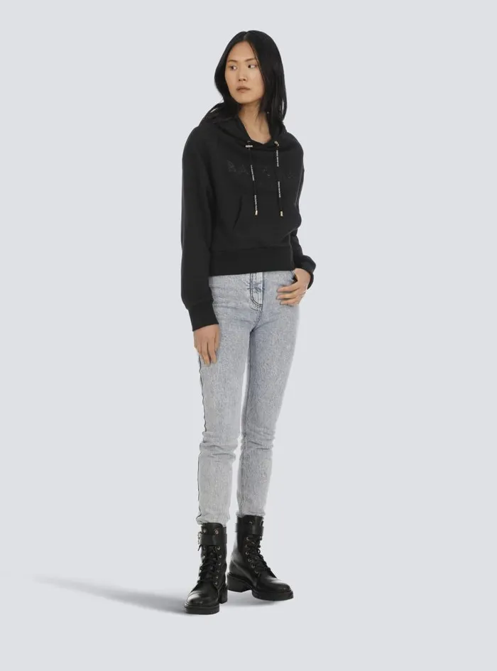 Balmain Sweatshirts Women Cropped Ecodesigned Cotton Sweatshirt With Rhinestone Logo Black