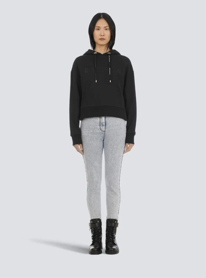 Balmain Sweatshirts Women Cropped Ecodesigned Cotton Sweatshirt With Rhinestone Logo Black