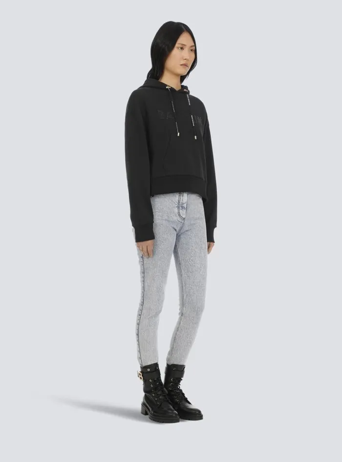 Balmain Sweatshirts Women Cropped Ecodesigned Cotton Sweatshirt With Rhinestone Logo Black