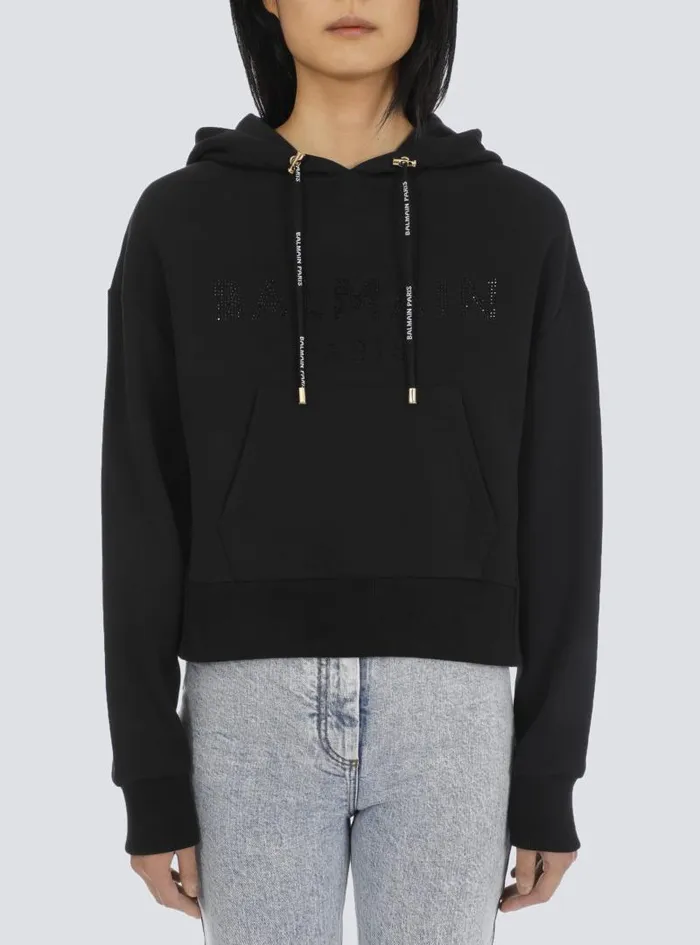 Balmain Sweatshirts Women Cropped Ecodesigned Cotton Sweatshirt With Rhinestone Logo Black