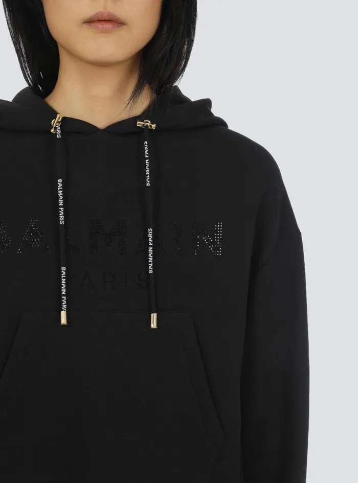 Balmain Sweatshirts Women Cropped Ecodesigned Cotton Sweatshirt With Rhinestone Logo Black