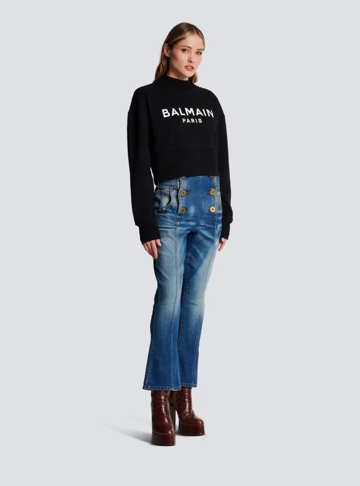 Balmain Sweatshirts Women Ecoresponsible Cotton Cropped Sweatshirt With Logo Print Black