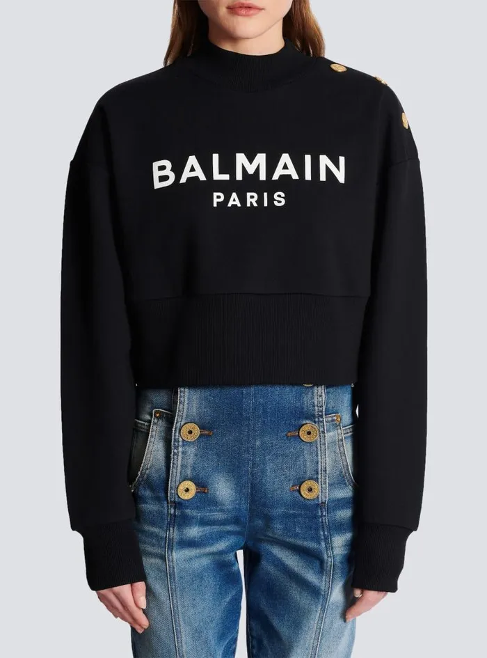 Balmain Sweatshirts Women Ecoresponsible Cotton Cropped Sweatshirt With Logo Print Black