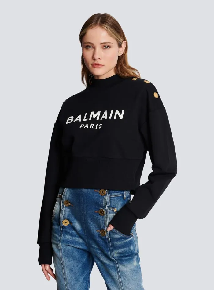 Balmain Sweatshirts Women Ecoresponsible Cotton Cropped Sweatshirt With Logo Print Black