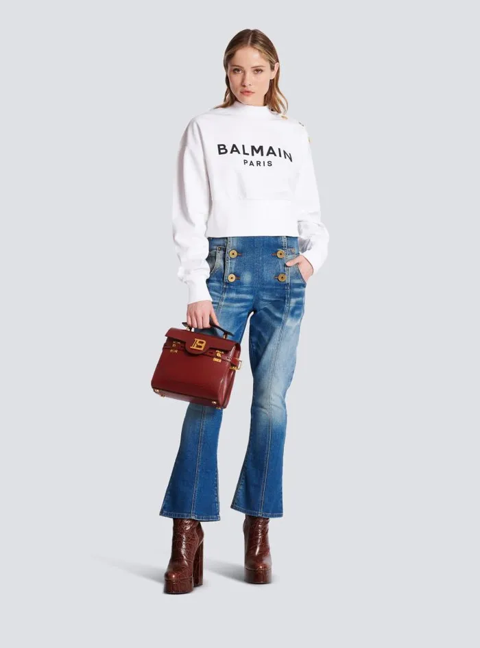 Balmain Sweatshirts Women Ecoresponsible Cotton Cropped Sweatshirt With Logo Print White Balmain Sweatshirts Women Ecoresponsible Cotton Cropped Sweatshirt With Logo Print White