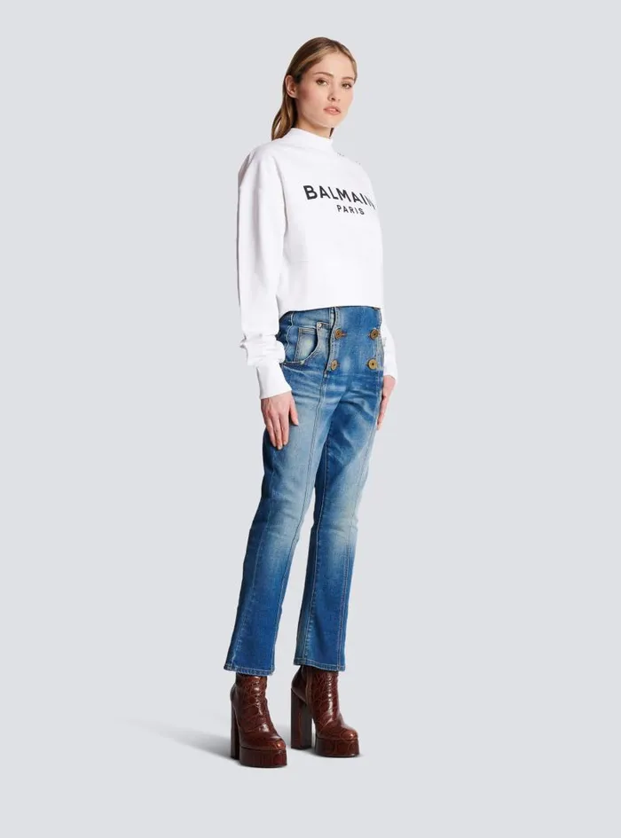 Balmain Sweatshirts Women Ecoresponsible Cotton Cropped Sweatshirt With Logo Print White