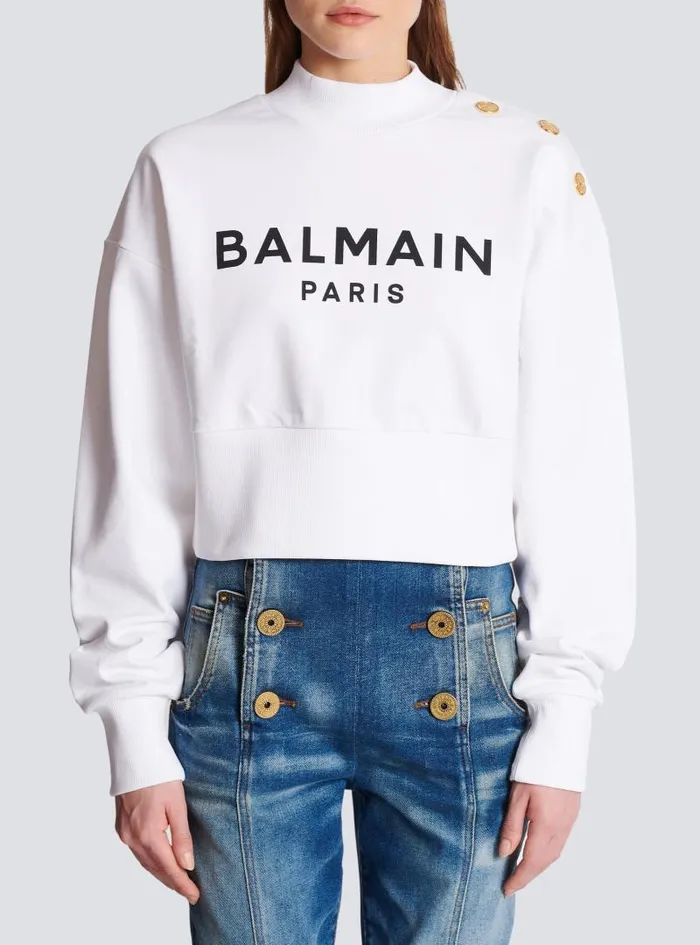 Balmain Sweatshirts Women Ecoresponsible Cotton Cropped Sweatshirt With Logo Print White