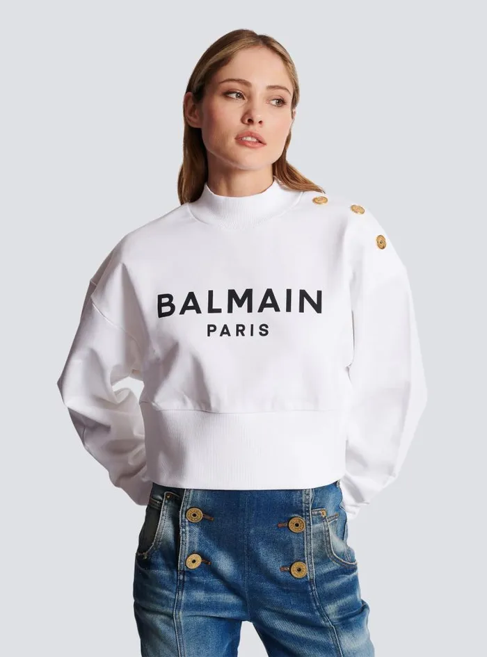 Balmain Sweatshirts Women Ecoresponsible Cotton Cropped Sweatshirt With Logo Print White