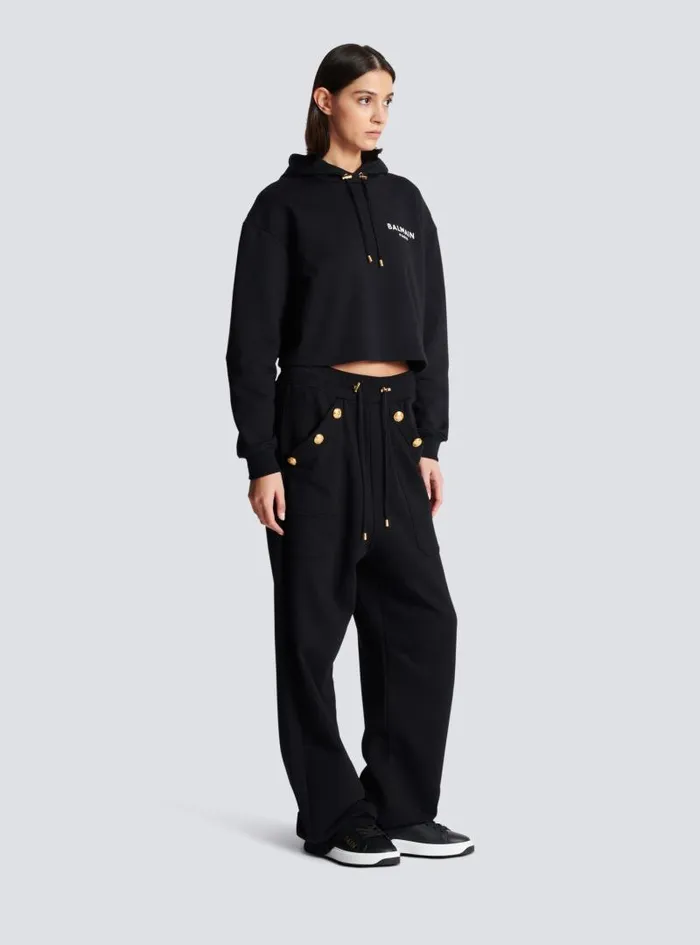 Balmain Sweatshirts Women Flocked Paris Hoodie Black