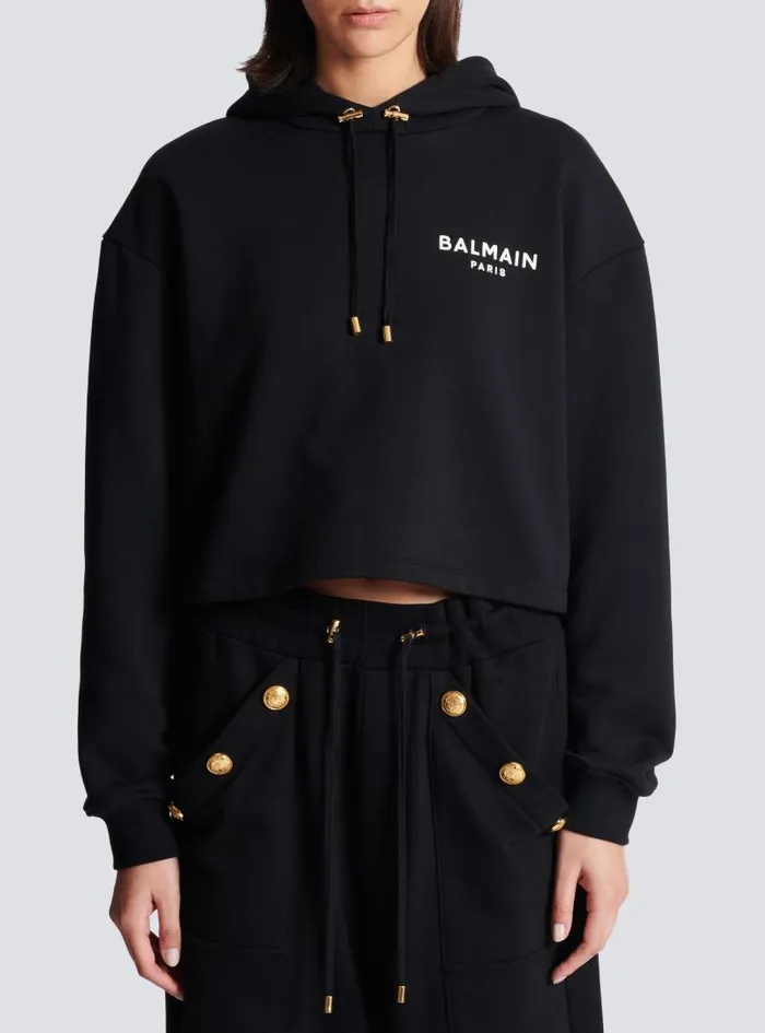 Balmain Sweatshirts Women Flocked Paris Hoodie Black