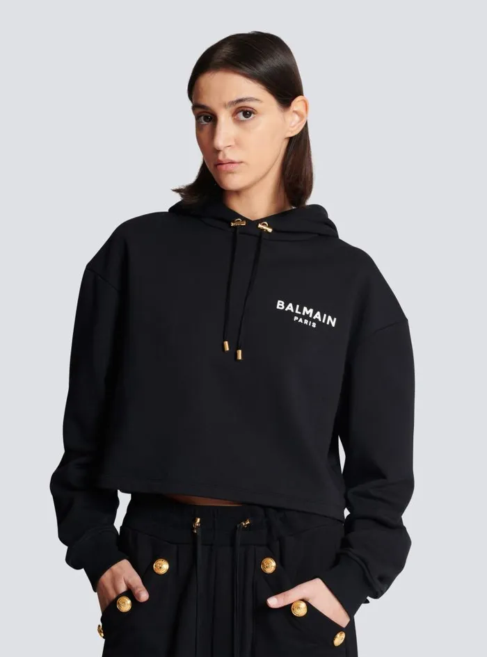 Balmain Sweatshirts Women Flocked Paris Hoodie Black